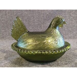 Indiana Glass Hen on Nest Olive Green Vintage 60s Stippled w/Beads HON 2562 READ